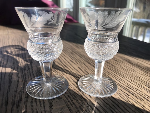 2 Edinburgh Crystal Thistle Pattern Cordial Glasses, Made in
