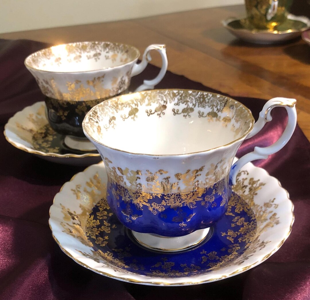 Royal Albert Regal Series Tea Cup Sets, Black and Blue, Two Sets 
