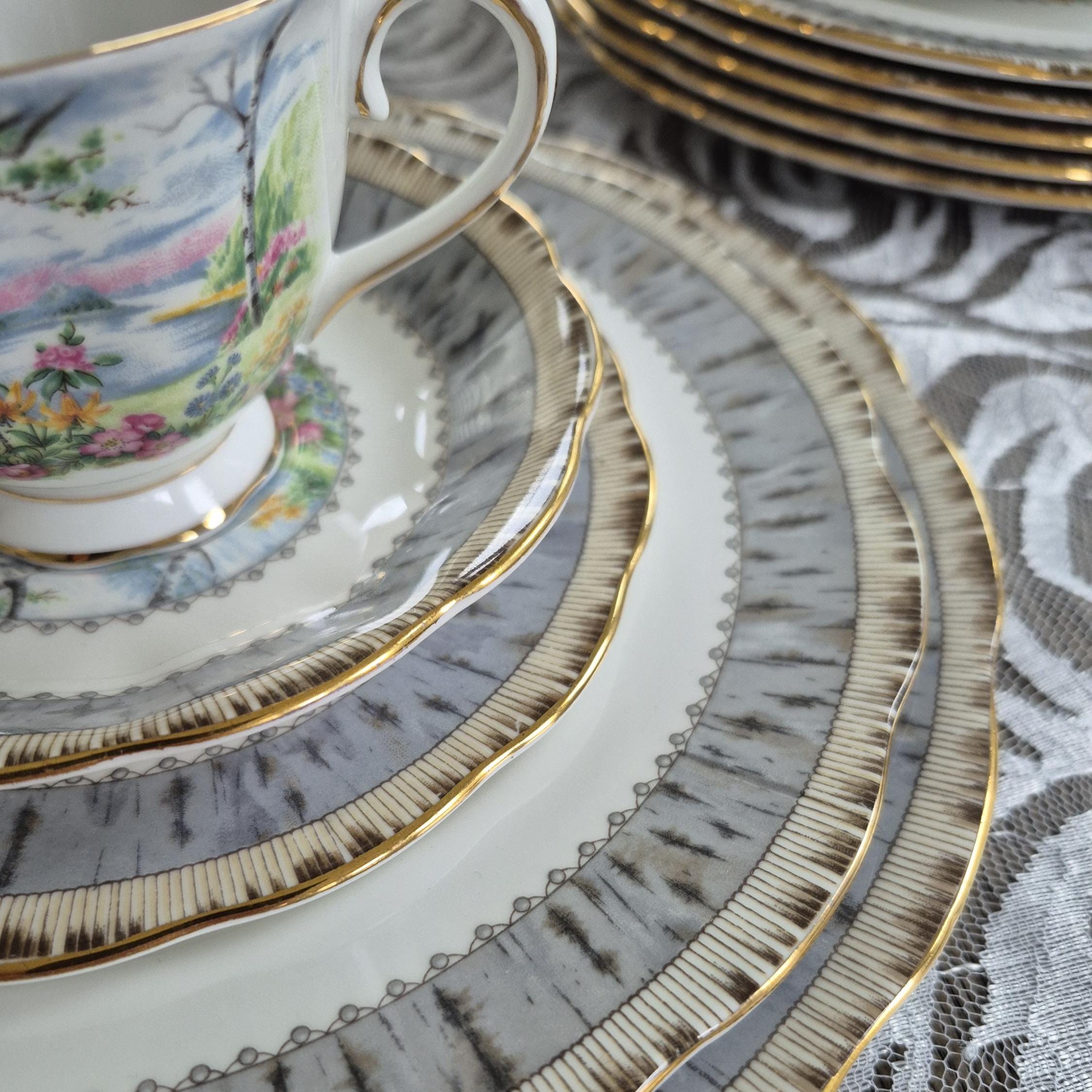 ①ロイヤル アルバート Silver Birch プレート　大皿　5枚　26cm Royal Albert Silver Birch Pattern Dinner Setting for Six - Etsy