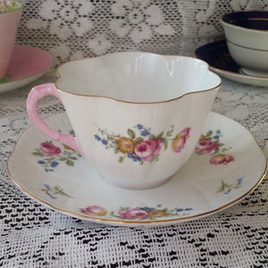 Shelley teacup set, pink floral, gold rim, pink handle, dainty shape