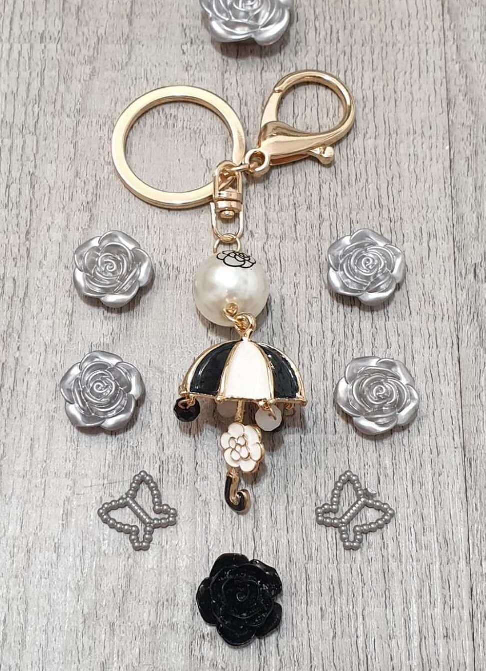 ExquisiteFlowersUSA Camellia Flower Handbag Charm/Umbrella Designer Key Ring/ Black and White Handbag Charm /Women Accessory /Birthday Gift/Gift for Her