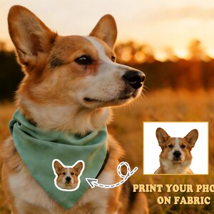 May include: A Corgi dog wearing a pale green bandana with a matching patch. The patch and the bandana feature a Corgi's face. The image also includes the text "PRINT YOUR PHOTOS ON FABRIC" in a gold colour.