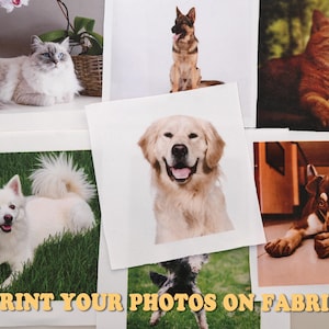 May include: A collection of fabric squares printed with images of pets, such as a cat, a dog, and a golden retriever. The text "PRINT YOUR PHOTOS ON FABRIC" is displayed in a yellow font at the bottom of the image.
