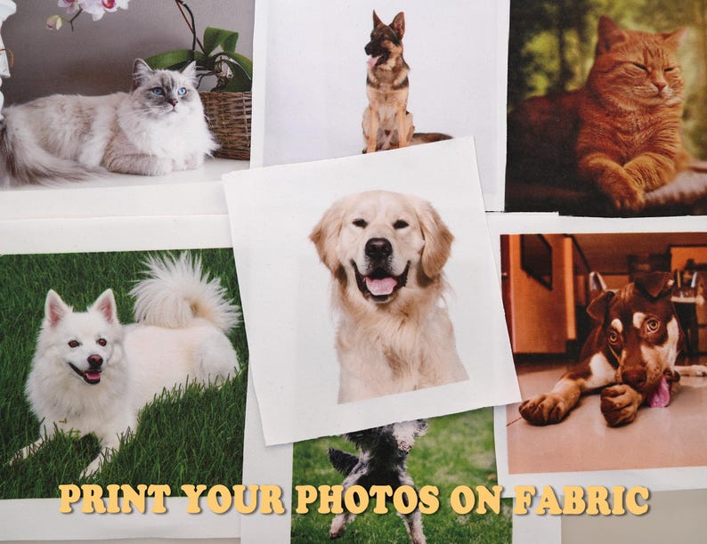 May include: A collection of fabric squares printed with images of pets, such as a cat, a dog, and a golden retriever. The text "PRINT YOUR PHOTOS ON FABRIC" is displayed in a yellow font at the bottom of the image.