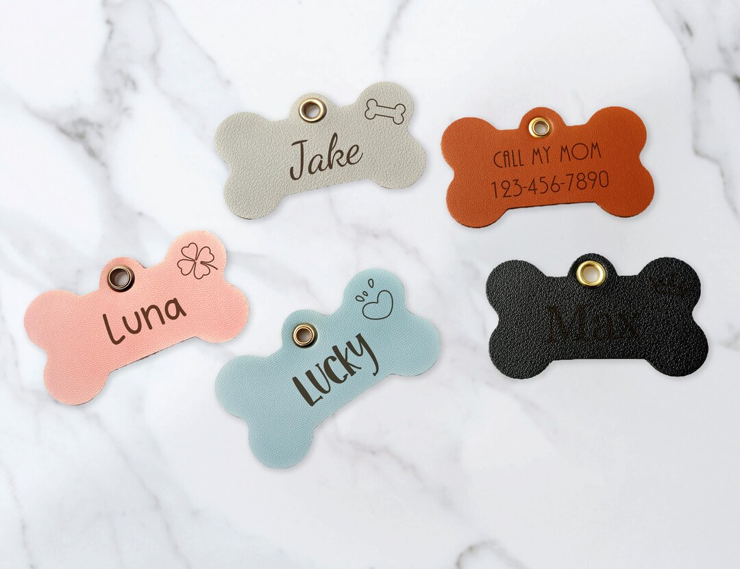 View of Custom Leather Pet Tag, Personalized Engraved Pet Name Tag, Custom Pet ...