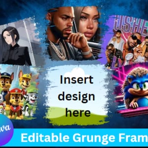 May include: Editable grunge frame with a design space in the center. The frame is surrounded by various images, including a cartoon character, a group of people, and a group of cartoon dogs.