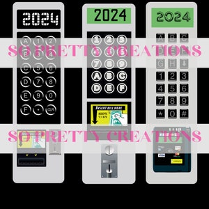 May include: Three gray metal kiosks with black buttons and displays. The top of each kiosk has the year 2024 displayed. The left kiosk has a keypad with letters A through F and numbers 1 through 0. The middle kiosk has a keypad with numbers 1 through 9 and letters A through F. The right kiosk has a keypad with letters A through I and numbers 1 through 9. Each kiosk has a slot for inserting bills and a slot for inserting coins.