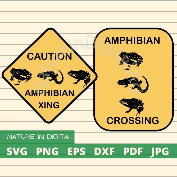 Amphibian Crossing Sign SVG Bundle, Frogs and Salamander Crossing Sign, Amphibian Silhouette, Hand Drawn Printable Art, Instant Download