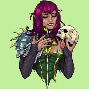 May include: A digital illustration of a character with magenta hair and pointed ears, wearing green and black armor with silver shoulder pauldrons featuring yellow spikes. The character holds a human skull in their hands, displaying sharp fangs.