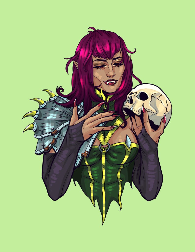 May include: A digital illustration of a character with magenta hair and pointed ears, wearing green and black armor with silver shoulder pauldrons featuring yellow spikes. The character holds a human skull in their hands, displaying sharp fangs.