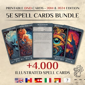 DnD Spell Cards BUNDLE | Dnd 2014 and 2024 Update Illustrated Spell Cards | Dungeons and Dragons 5e | d&d Spellbook | Tarrot Size Cards