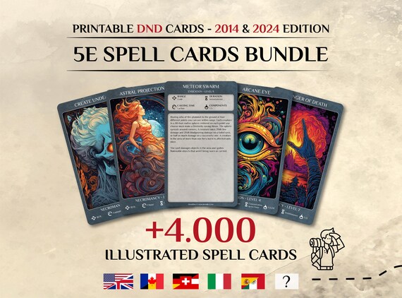 DnD Spell Cards BUNDLE | Dnd 2014 and 2024 Update Illustrated Spell Cards | Dungeons and Dragons 5e | d&d Spellbook | Tarrot Size Cards