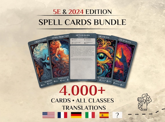 DnD Spell Cards BUNDLE | Dnd 2014 and 2024 Update Illustrated Spell Cards | Dungeons and Dragons 5e | d&d Spellbook | Tarrot Size Cards