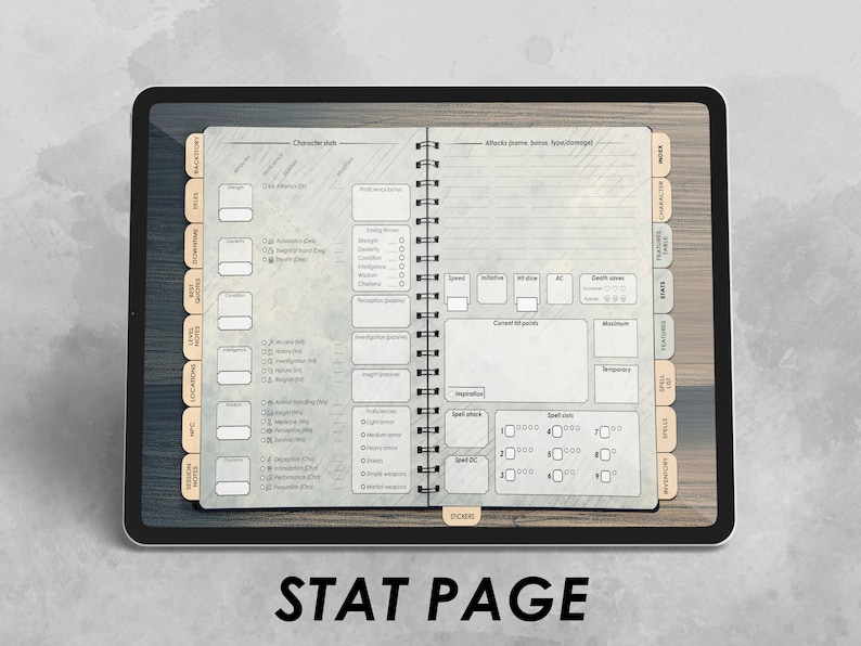 Most used page - Character Stats. 
Here you will find all modifiers, atacks, HP tracker and more.
I used different color for the most important pages.