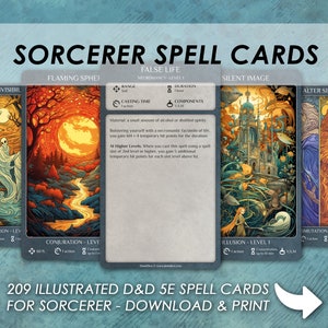 DnD Sorcerer Spells | D&D Illustrated spell cards | Dungeons and Dragons 5e | Spellbook | Tarrot size cards