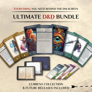 May include: A D&D bundle featuring a fan of illustrated game cards with text, including titles like Astral Projection and Arcane Eye, alongside three digital tablet screens displaying character sheets and a set of blank character record cards.