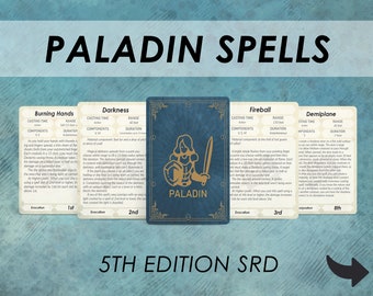 DnD Paladin Spell Cards | D&D Spellbook Spell Card deck | Dungeons and dragons accessories | PDF printable |