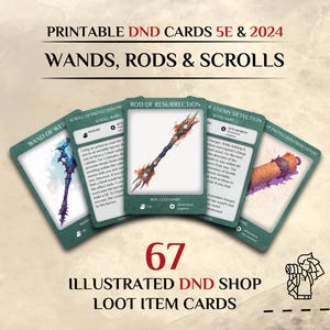 Cartas de objetos de DnD: varitas, bastones y pergaminos / 67 cartas de objetos ilustradas / 5e y 2024 / Accesorios de Dungeons and Dragons (PDF imprimible)