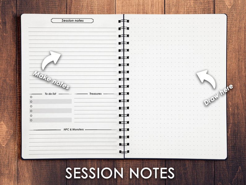 May include: A black and white notebook with a spiral binding. The left page has lined paper with the text "Session notes" and "Make notes". The right page has dotted paper with the text "Draw here".