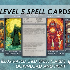 Cartas de Magia DnD | Cartas ilustradas de nível 5 | Dungeons and Dragons 5e | Livro de Magias d&d | Cartas de tamanho Tarrot