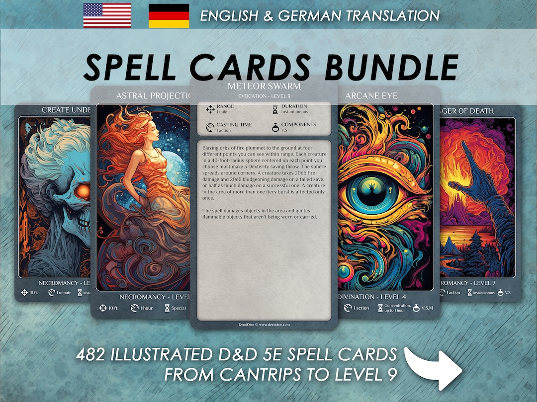 Dnd Spell Cards BUNDLE ALL CLASSES Cantrips to Level 9 Illustrated Cards Dungeons and Dragons 5e