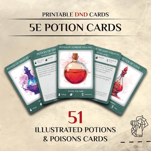 DnD Potion and Poison Cards Illustrated | DnD item cards | d&d Dnd DM Player Accessories | Download and Print | Dungeons and Dragons 5e