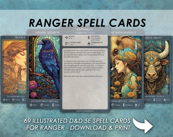 Incantesimi DnD Ranger / Carte incantesimo illustrate D&D / Dungeons and Dragons 5e / Libro degli incantesimi / Carte formato Tarrot