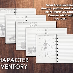 May include: A set of five character inventory notebooks with different layouts. The notebooks have a spiral binding and are made of white paper. The covers feature illustrations of a horse, a wagon, a skeleton, and blank pages.