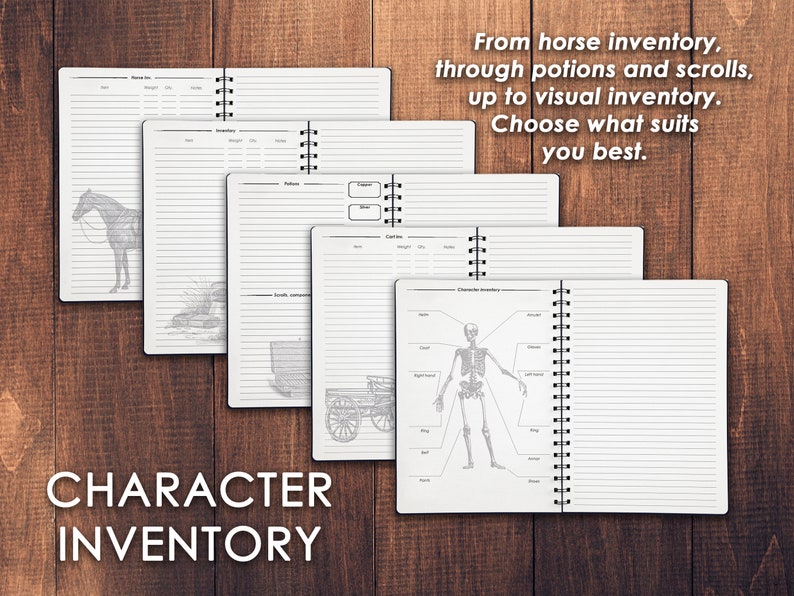 May include: A set of five character inventory notebooks with different layouts. The notebooks have a spiral binding and are made of white paper. The covers feature illustrations of a horse, a wagon, a skeleton, and blank pages.