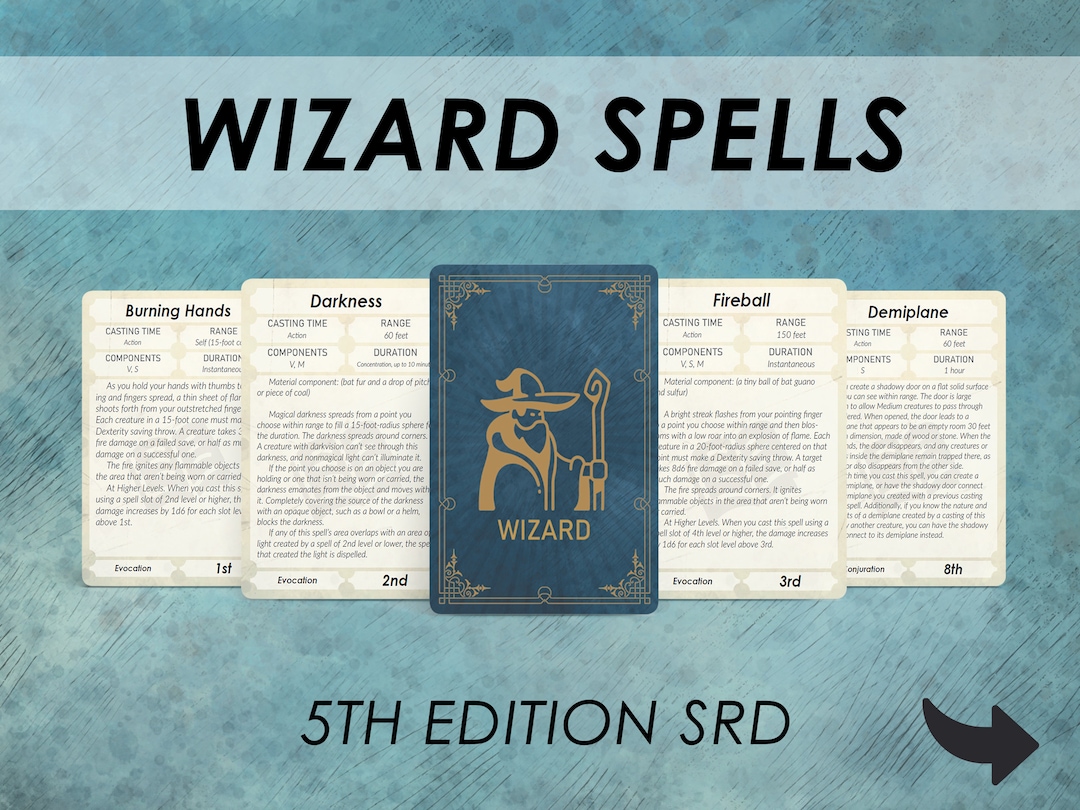 Dnd Wizard Spell Cards Dnd Spellbook Printable D&D Accessory Dungeon
