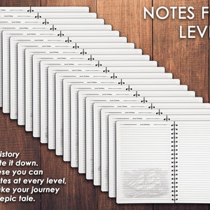May include: A set of 20 spiral bound notebooks with lined pages. The notebooks are stacked in a fan shape on a wooden surface. The text "NOTES FOR LEVELS" is printed in white on a black background at the top of the image. The text "Make history and write it down. With these you can take notes at every level, and make your journey into an epic tale." is printed in black at the bottom of the image.