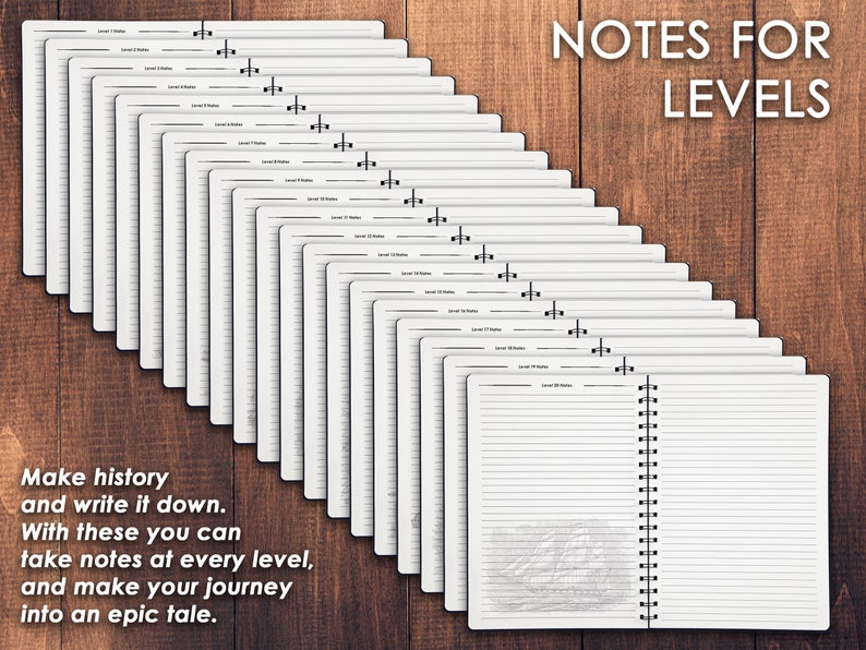 May include: A set of 20 spiral bound notebooks with lined pages. The notebooks are stacked in a fan shape on a wooden surface. The text "NOTES FOR LEVELS" is printed in white on a black background at the top of the image. The text "Make history and write it down. With these you can take notes at every level, and make your journey into an epic tale." is printed in black at the bottom of the image.