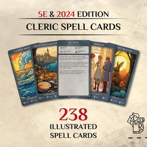 May include: A set of 238 illustrated spell cards for 5E and 2024 edition, featuring a fan of five cards with detailed fantasy artwork and text. The central card displays the Daylight spell with its range, duration, and casting time clearly visible.