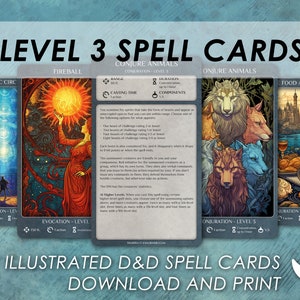 DnD-spreukkaarten | Niveau 3 geïllustreerde kaarten | Dungeons and Dragons 5e | d&d Spellbook | Kaarten op tarotformaat