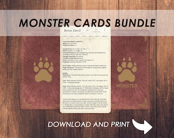 Könnte beinhalten: Eine druckbare Monsterkarte für einen Knochen-Teufel, eine Kreatur aus Dungeons and Dragons. Die Karte hat einen roten Hintergrund mit goldenen Akzenten und einen Pfotenabdruck in der Ecke. Die Karte enthält Informationen über die Fähigkeiten des Knochen-Teufels, einschließlich seiner Angriffe, Rettungswürfe und Resistenzen.