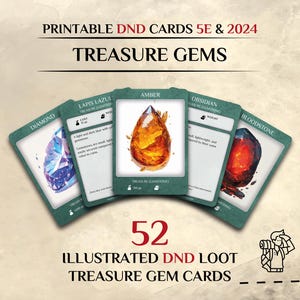 DnD Item Cards: Treasure Gems | 52 Illustrated Item Cards | 5e and 2024 | Dungeons and Dragons accessories (Printable PDF)
