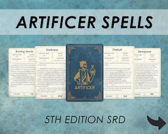 DnD Artificer Spell Cards | Dnd Spellbook | D&D Printable | Dungeons and dragons 5e | Dm accessories