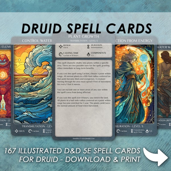 DnD Druid Spells | D&D Illustrated spell cards | Dungeons and Dragons 5e | Spellbook | Tarrot size cards