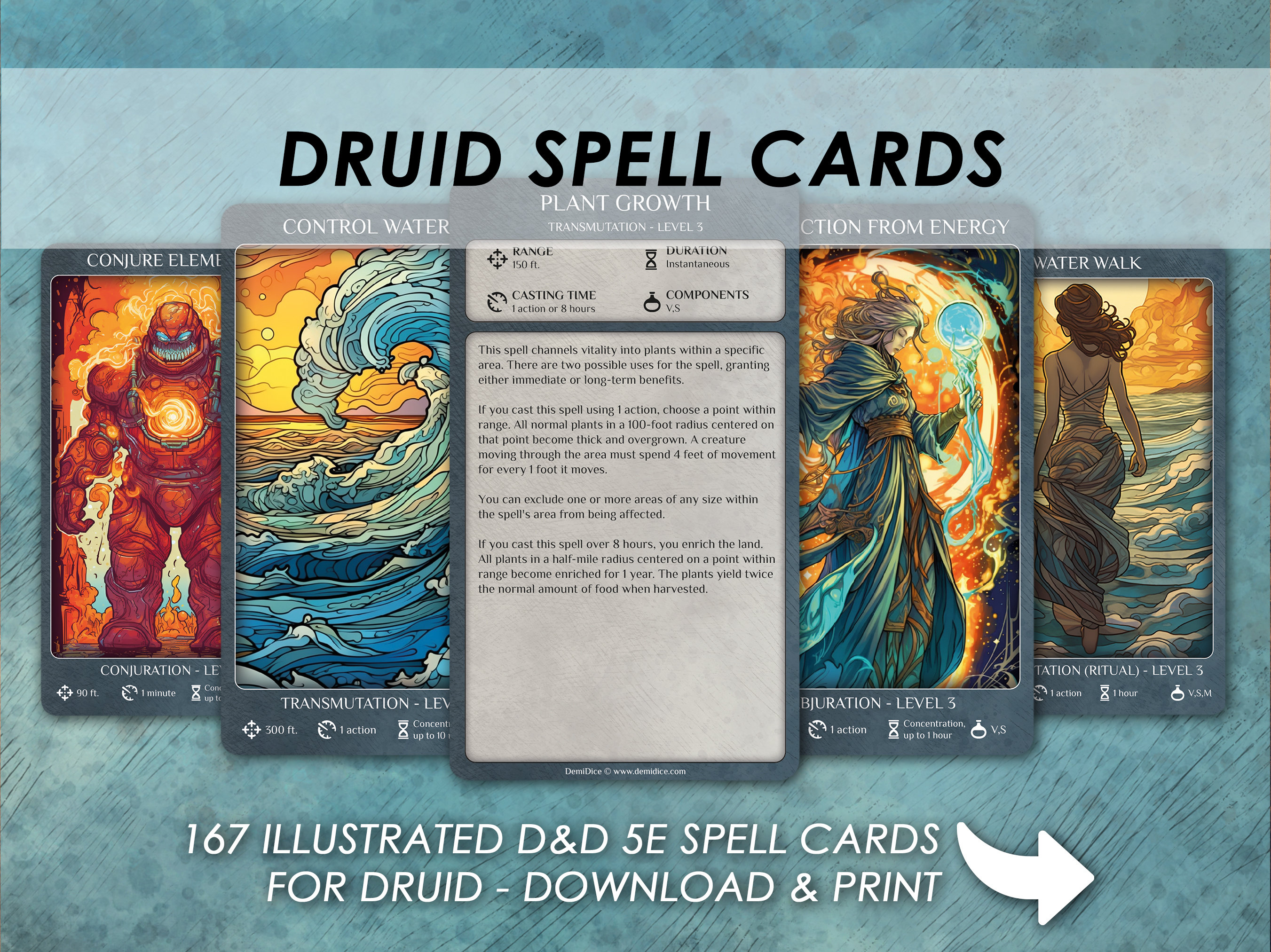 DnD Druid Spells | D&D Illustrated spell cards | Dungeons and Dragons 5e | Spellbook | Tarrot size cards