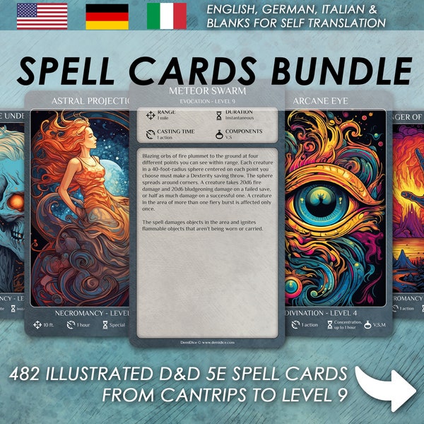 DnD Spell Cards BUNDLE | ALL CLASSES Cantrips to Level 9 Illustrated cards | Dungeons and Dragons 5e | d&d Spellbook | Tarrot size cards