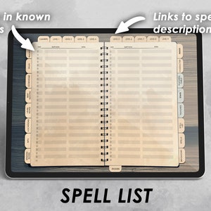May include: A digital tablet displaying a spell list organizer. The screen is divided into two columns, with tabs for different spell categories and levels. The left column has tabs for 'Cantrips', 'Level 1', 'Level 2', 'Level 3', 'Level 4', 'Level 5', 'Level 6', 'Level 7', 'Level 8', 'Level 9'. The right column has tabs for 'Abjuration', 'Conjuration', 'Divination', 'Enchantment', 'Evocation', 'Illusion', 'Necromancy', 'Transmutation', 'Other'. The text 'SPELL LIST' is displayed at the bottom of the screen.