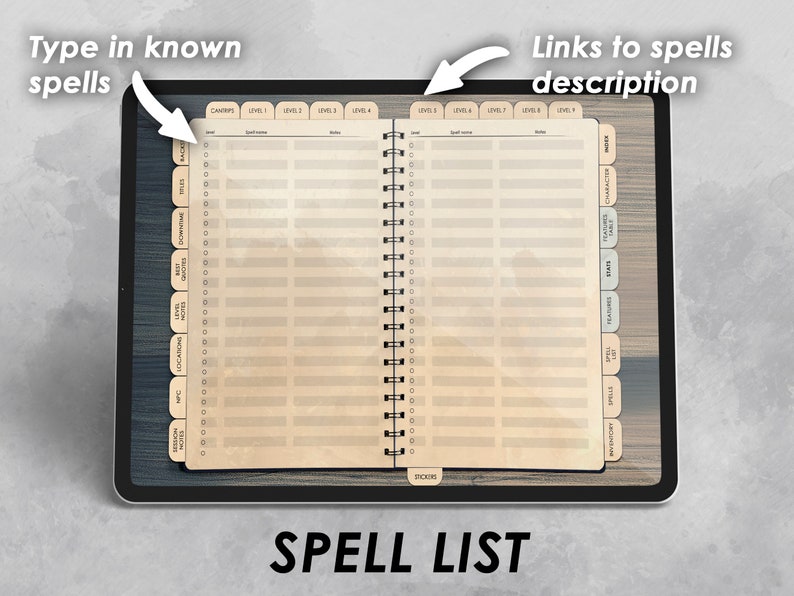 May include: A digital tablet displaying a spell list organizer. The screen is divided into two columns, with tabs for different spell categories and levels. The left column has tabs for 'Cantrips', 'Level 1', 'Level 2', 'Level 3', 'Level 4', 'Level 5', 'Level 6', 'Level 7', 'Level 8', 'Level 9'. The right column has tabs for 'Abjuration', 'Conjuration', 'Divination', 'Enchantment', 'Evocation', 'Illusion', 'Necromancy', 'Transmutation', 'Other'. The text 'SPELL LIST' is displayed at the bottom of the screen.