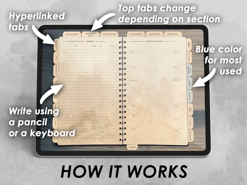 May include: A digital notebook app with tabs for different sections, including main inventory, magic items, horse inventory, character inventory, shopping list, and possessions. The app allows users to write using a pencil or keyboard. The tabs are color-coded, with blue being the most used.