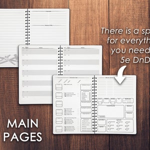 May include: A set of three spiral bound notebooks with blank pages for Dungeons and Dragons character sheets and notes. The notebooks have a white cover with a gray design. The text "There is a space for everything you need in 5e DnD" is printed on a wooden background.