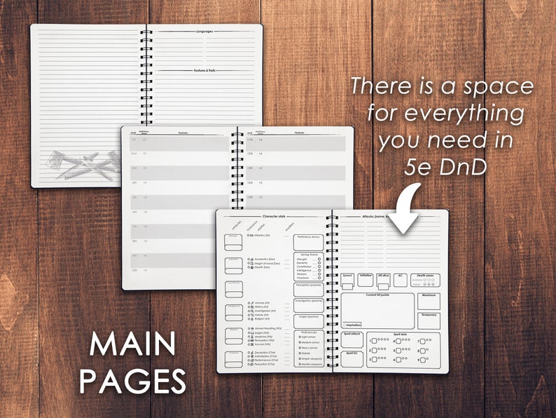 May include: A set of three spiral bound notebooks with blank pages for Dungeons and Dragons character sheets and notes. The notebooks have a white cover with a gray design. The text "There is a space for everything you need in 5e DnD" is printed on a wooden background.