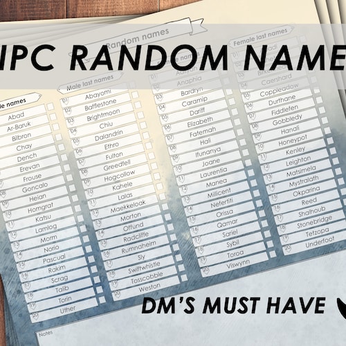 Dnd DM Reference Sheet Dnd NPC Name Generator Dnd Dm Tools Etsy