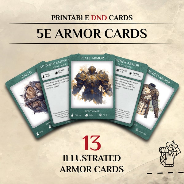 DnD Armor Cards Illustrated | DnD item cards | d&d Dnd DM Player Accessories | Instant Download and Print | Dungeons and Dragons 5e