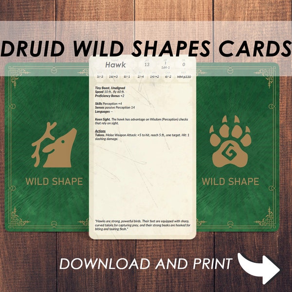 Cartes Formes sauvages Druide D&D 5e | 86 transformations de bêtes | Accessoires pour joueurs | Imprimable | D&D 5e | Donjons et dragons | SRD | PDF