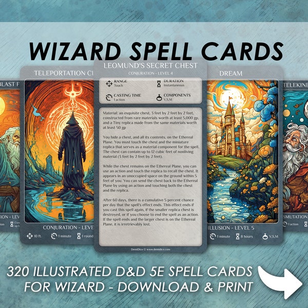 DnD Wizard Spells | D&D Illustrated spell cards | Dungeons and Dragons 5e | Spellbook | Tarrot size cards