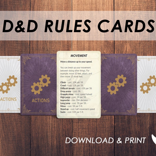DnD 5e New Players Cheat Sheet Cards | Quick reference guide | D&D rules printable | Dungeons and Dragons | Dnd dm tools